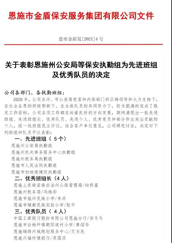 关于表彰恩施州保安执勤组为先进班组及优秀队员公告